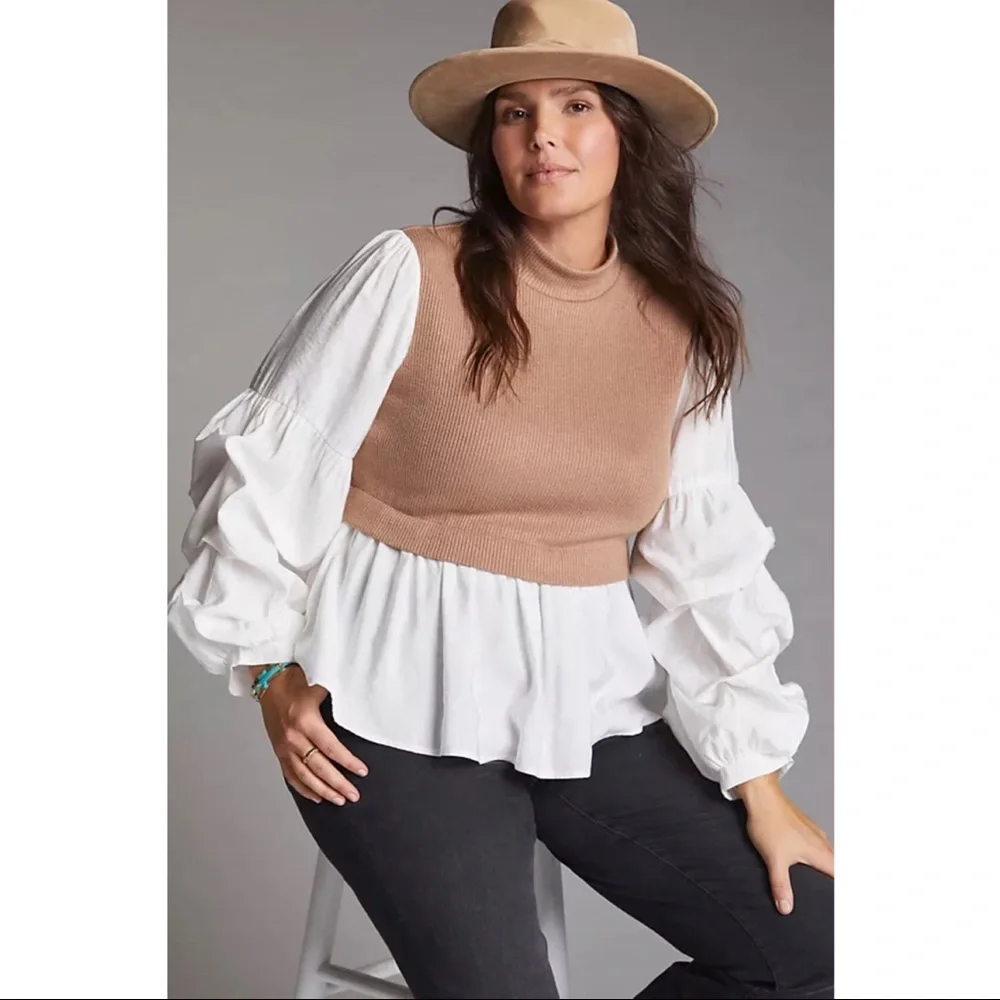 Anthropologie • Ruffled Layered Top tan sweater vest white puff sleeve blouse